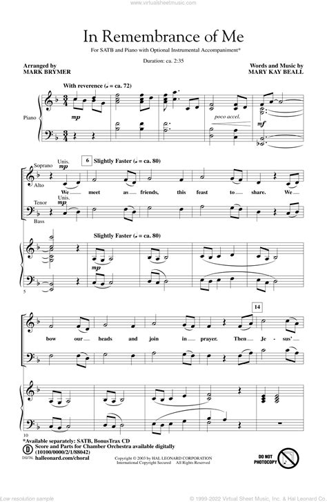 In Remembrance Of Me Sheet Music For Choir Satb Soprano Alto Tenor