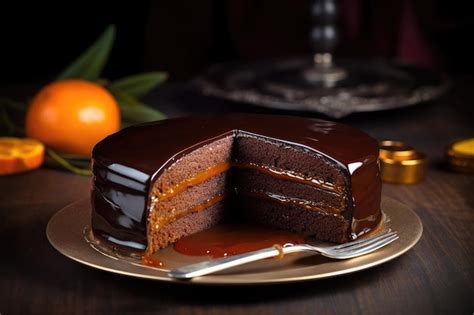 Schokoladen Sacher Torte Mit Aprikosenmarmelade Auf Holztisch