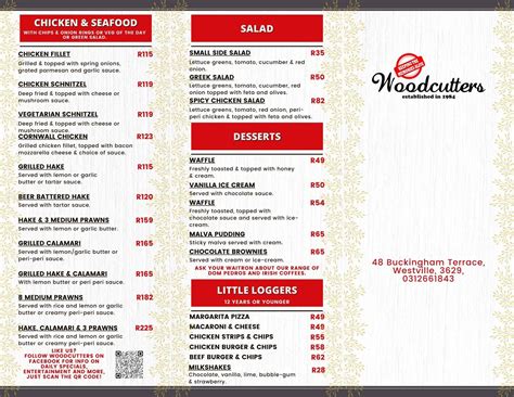 Menu at Woodcutters Restaurant, Durban