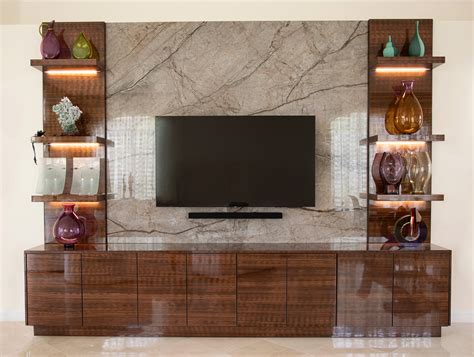 TV Wall Unit and Console with Lighted Shelves | Copper Pearl Wood Tone ...