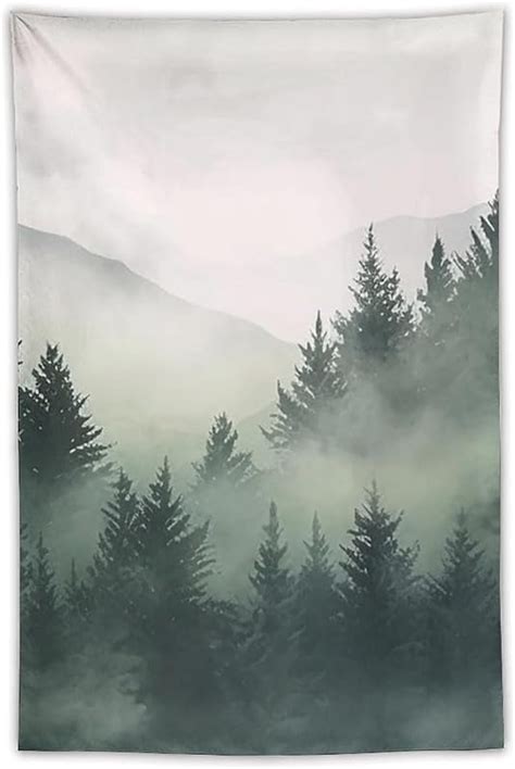 Chloroplastid Misty Forest Foggy Mountain Tapestry Wall Hanging Sage