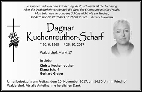 Traueranzeigen Von Dagmar Kuchenreuther Scharf Franken Gedenkt De