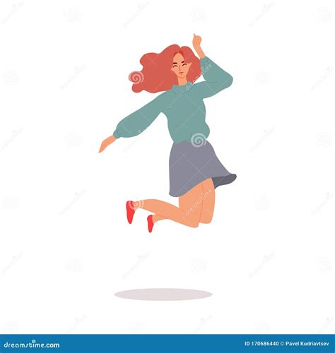 Cheerful Woman Jumps Expressing Happiness Flat Vector Illustration