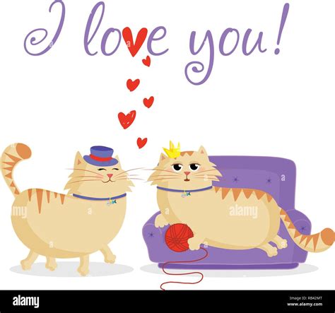 I Love You Greeting Card With Cute Cartoon Cats Couple Boy And Girl In