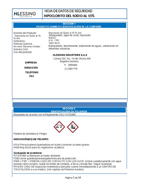 Hoja De Seguridad Hipoclorito De Sodio HIPOCLORITO DEL SODIO AL 15