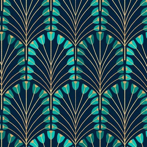 art deco wallpaper  blue  gold fan shaped leaves