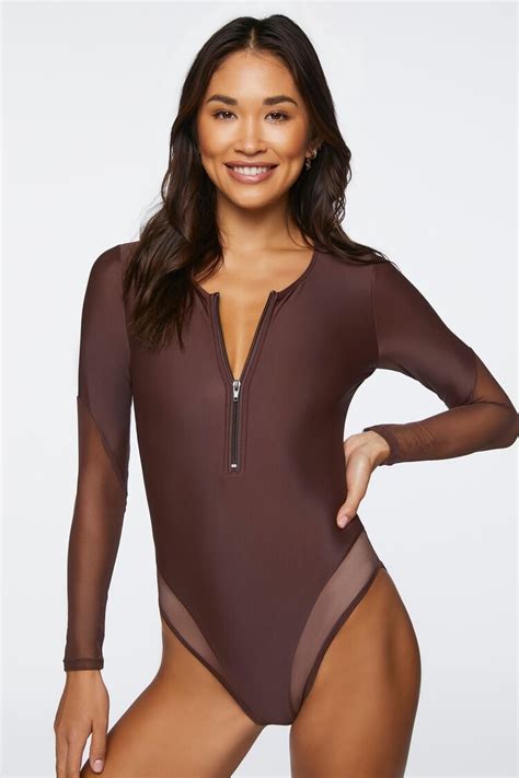 Forever 21 Half Zip One Piece Swimsuit Brown Forever21usa