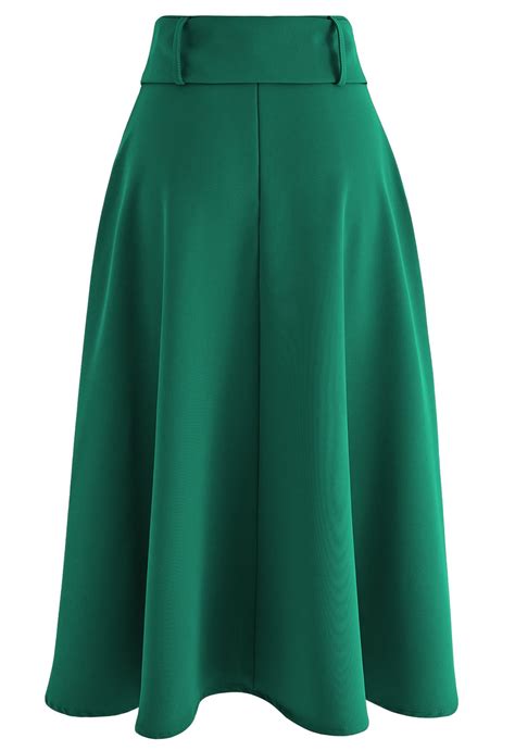 Buttoned Belted Flare Midi Skirt in Green - Retro, Indie and Unique Fashion