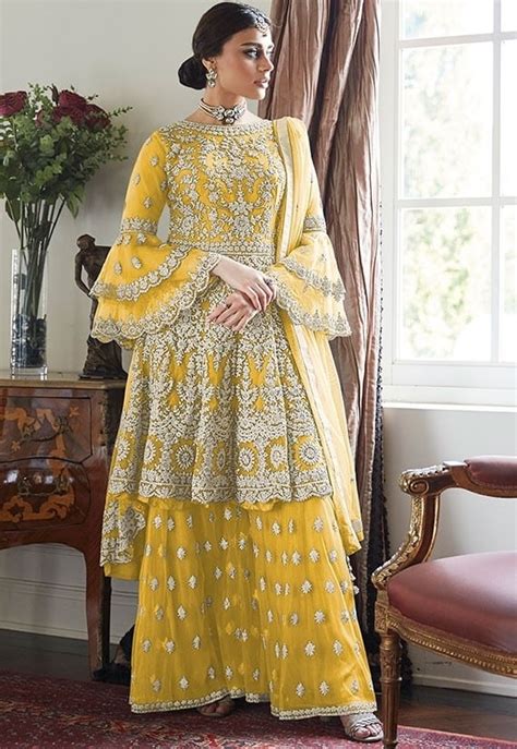 Yellow Asymmetric Frock Net Sharara Suit Salwar Kameez Designer