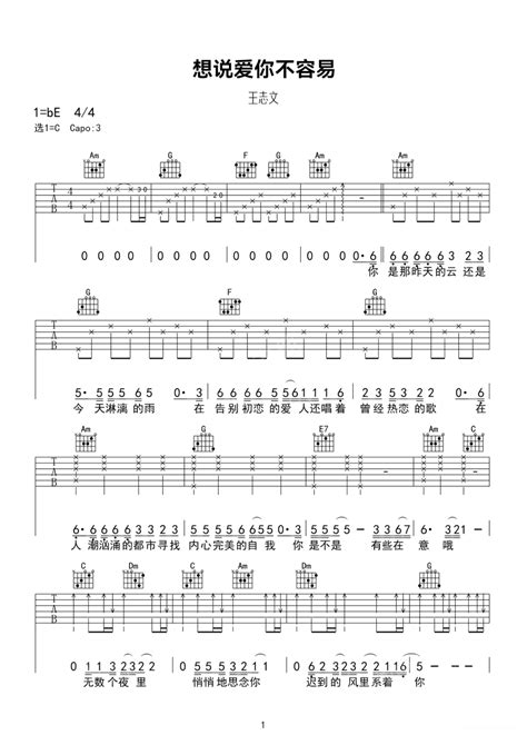 王志文、戴娆《想说爱你不容易》吉他谱 C调 琴艺谱
