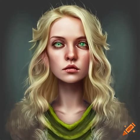 Portrait Of Halfling Woman With Blonde Hair And Green Eyes