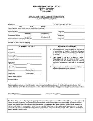 Fillable Online Kalama K Wa Classified Employment Application Doc