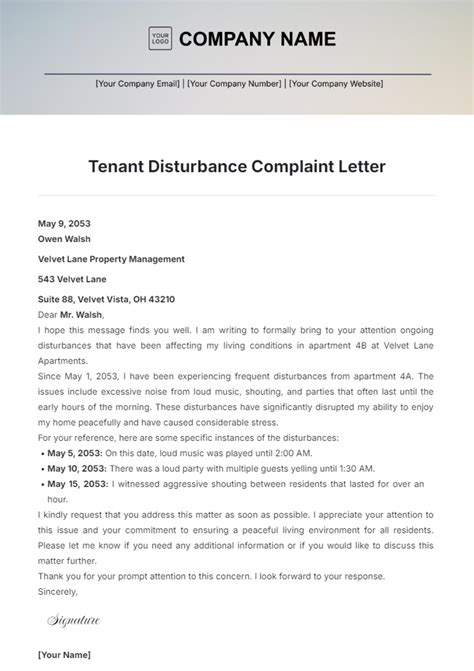 Free Tenant Disturbance Complaint Letter Template to Edit Online