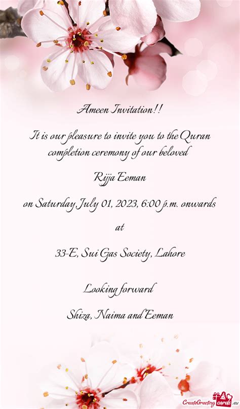 It Is Our Pleasure To Invite You To The Quran Completion Ceremony Of