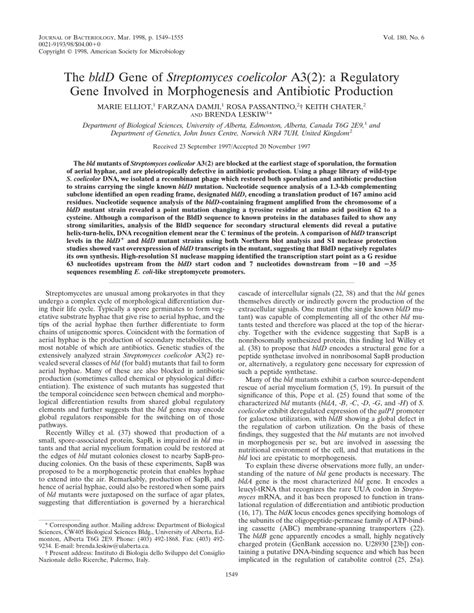 Pdf The Bldd Gene Of Streptomyces Coelicolor A32 A Regulatory Gene Involved In