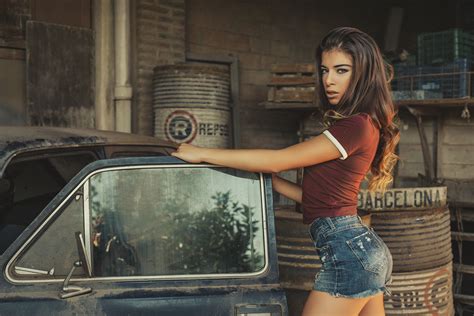 Wallpaper Tanned Jean Shorts Ass Women With Cars T Shirt