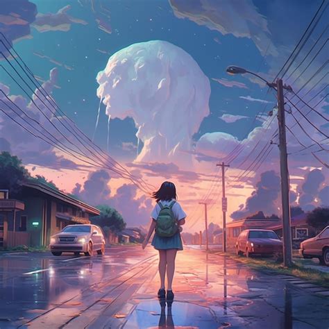 Premium AI Image | Anime girl walking down the street in the rain with ...