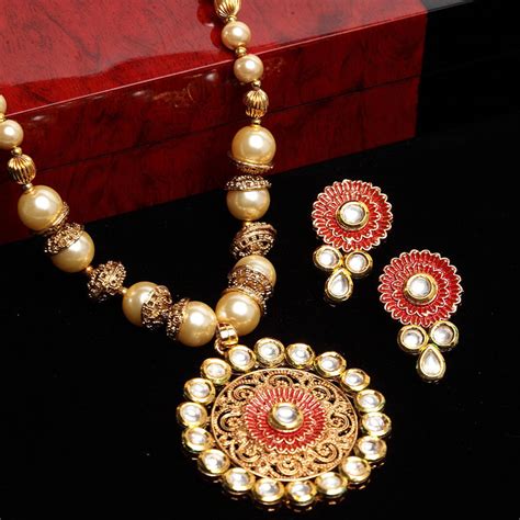 Panash Gold Plated Off White Red Kundan Studded Beaded Enamelled