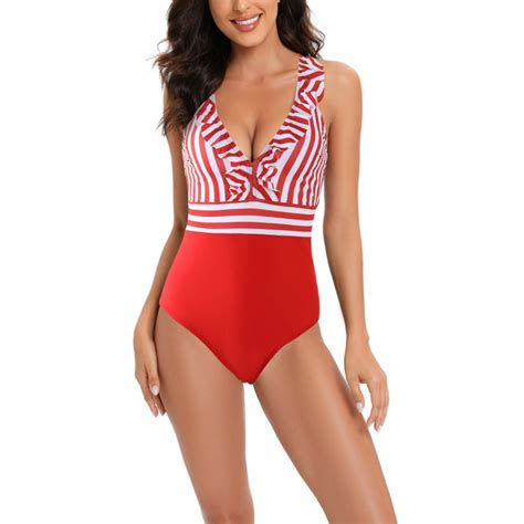 Vbvc Women Contrast Color Stripe One Piece Swimsuit Halter Backless Ruched Tummy Control Bathing