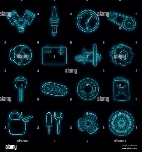 Auto Spare Parts Icons Set In Neon Style Car Maintenance Set