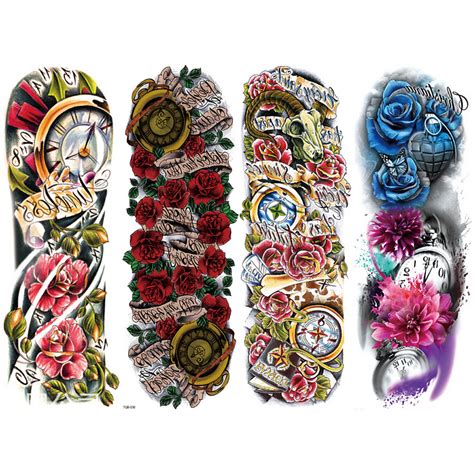 Sheets Full Arm Temporary Tattoo Sticker Rose Clock Tattoo Arm Body