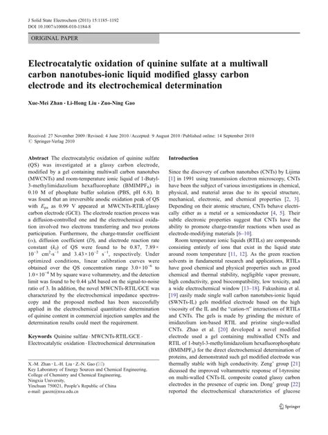 Pdf Electrocatalytic Oxidation Of Quinine Sulfate At A Multiwall