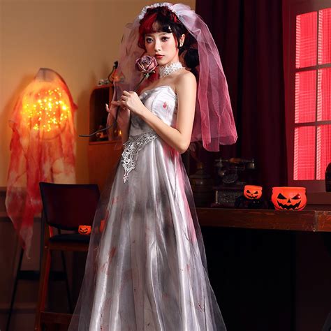 Trajes De Halloween Fantasma Noiva Fantasma Branco Amazon Novo Vestido