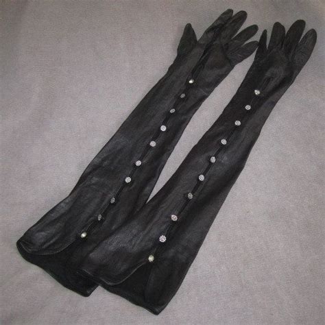 Soft Extra Long Leather Black Opera Gloves With A Rhinestone Buttons