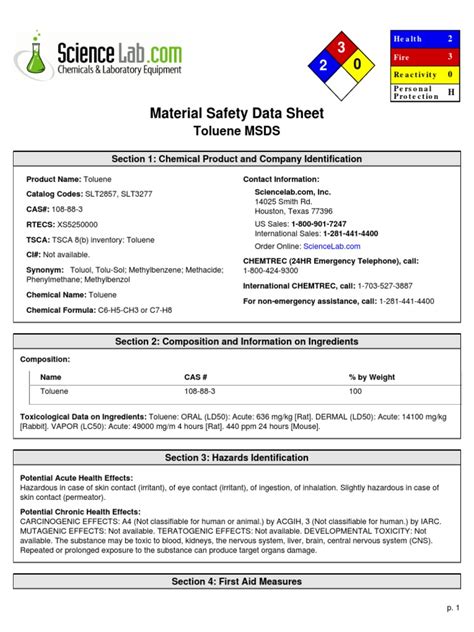 Msds Toluene Toxicity Dangerous Goods