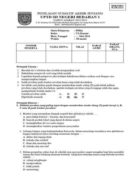 Soal Us Ppkn 20232024 Pdf