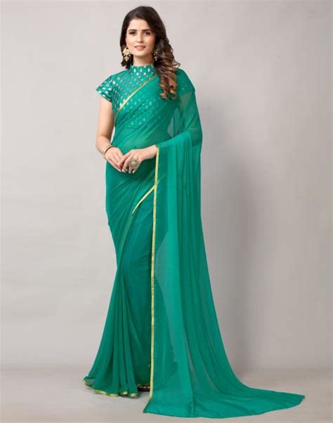 Buy Siril Women Chiffon Rama Green Dyed Woven Jari Border Saree