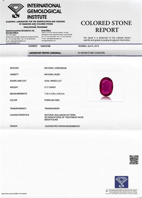 IGI Certified MOZAMBIQUE Ruby 0 77 Cts Natural Untreated Magenta Red