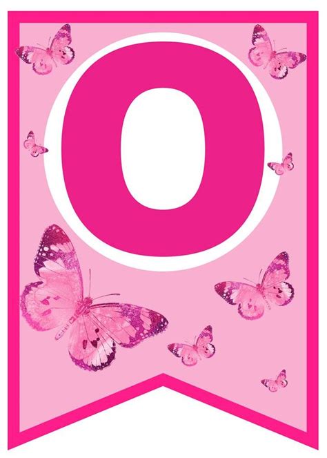 A Pink And White Banner With Butterflies Flying Around The Letter O On