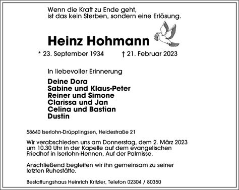 Traueranzeigen Von Heinz Hohmann Trauer In Nrw De