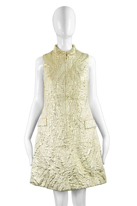 Frank Usher Vintage Space Age Gold Lam Brocade Mod Shift Dress S