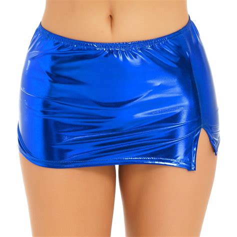 Haitryli Women S Shiny Metallic Mini Skirt Bodycon Short Split Skirt Party Clubwear Royal Blue