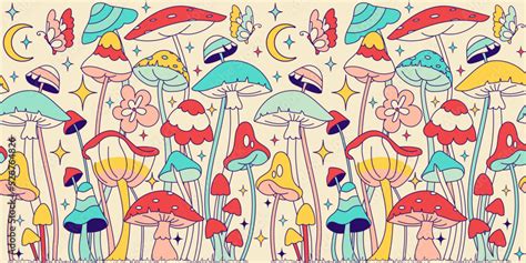 Stockvector Groovy Background With Floral Graphic And Mushrooms