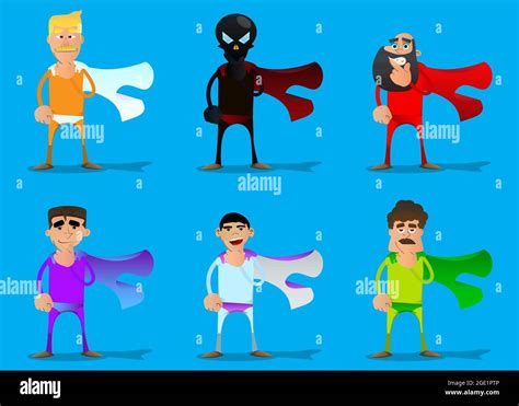 Funny cartoon man dressed as a superhero holding finger under his mouth. Vector illustration ...