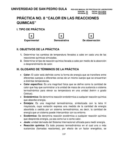 Práctica NO 8 Calor EN LAS Reacciones Quimicas EDICIÓN 01 FECHA