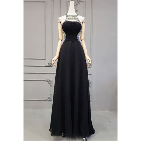 Sexy A Line Long Black Chiffon Beaded Prom Evening Dress With Cutouts