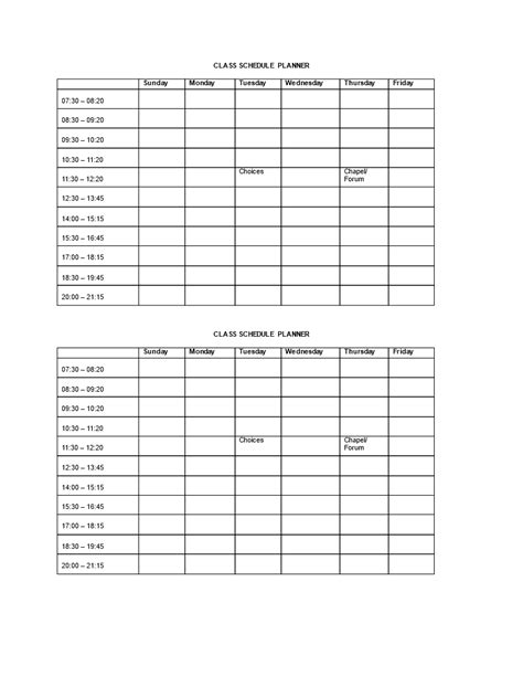 College Class Schedule Planner Template Organize Your Schedule And