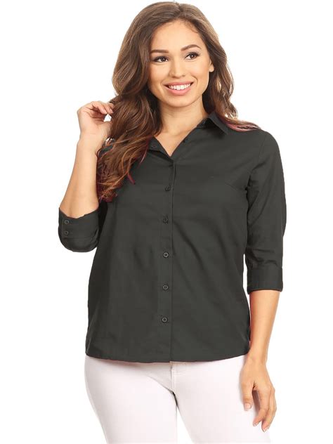 Womens Solid Casual Slim 34 Sleeve Button Up Front Stretch Poplin