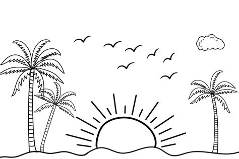 Summer sunset tropical beach line art vector illustration, hand drawn ...