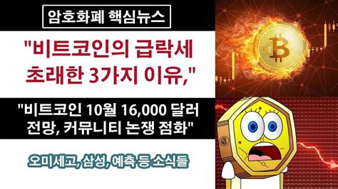 8 30 비트코인의 급락세 초래한 3가지 이유 비트코인 10월 16 000 달러 전망 커뮤니티 논쟁 점화 오미세고 삼성 예측 등 소식들 Youtube