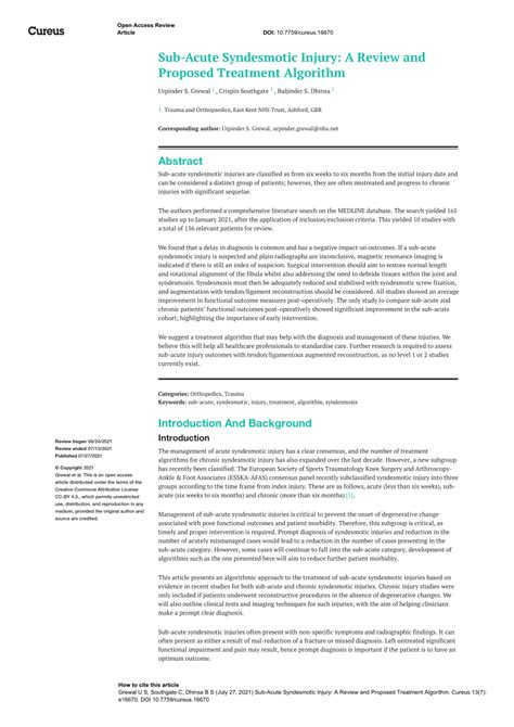 (PDF) Sub-Acute Syndesmotic Injury: A Review and Proposed Treatment Algorithm