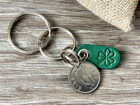 Irish Sixpence Shamrock Keychain Ireland Coin Keyring Or Clip