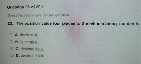 Solved Question 20 Of 20 Select The Best Answer For The Chegg