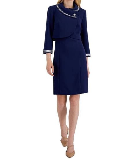 Tahari Asl Beaded Jacket And Sheath Dress Suit Womens Midnight Navy Size