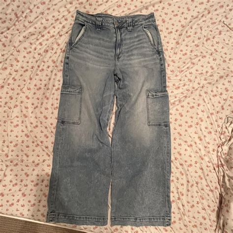 Light Wash American Eagle Wide Leg Cargo Jeans Size Depop