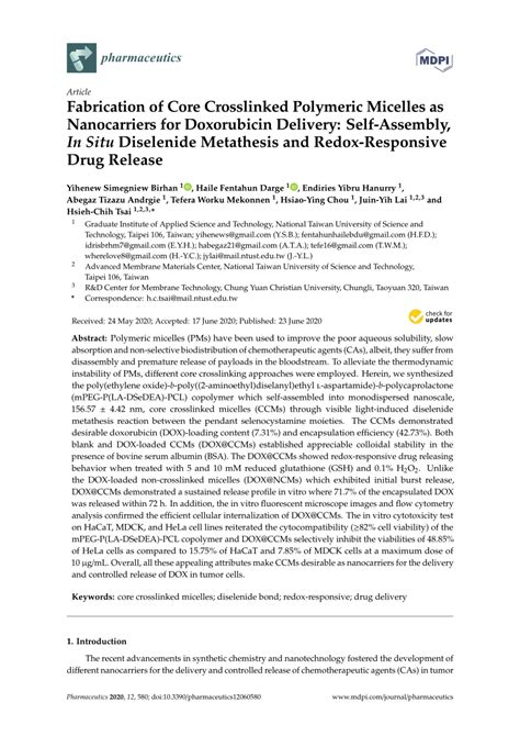 Pdf Fabrication Of Core Crosslinked Polymeric Micelles As